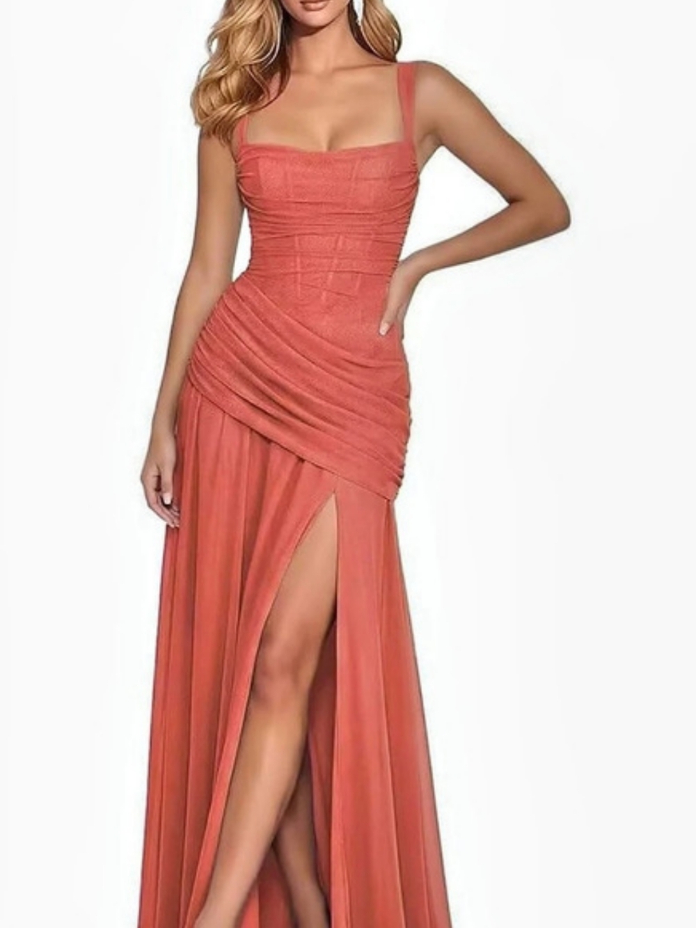 Coral Chiffon Bridesmaid Dresses with Slit Long Square Neck
